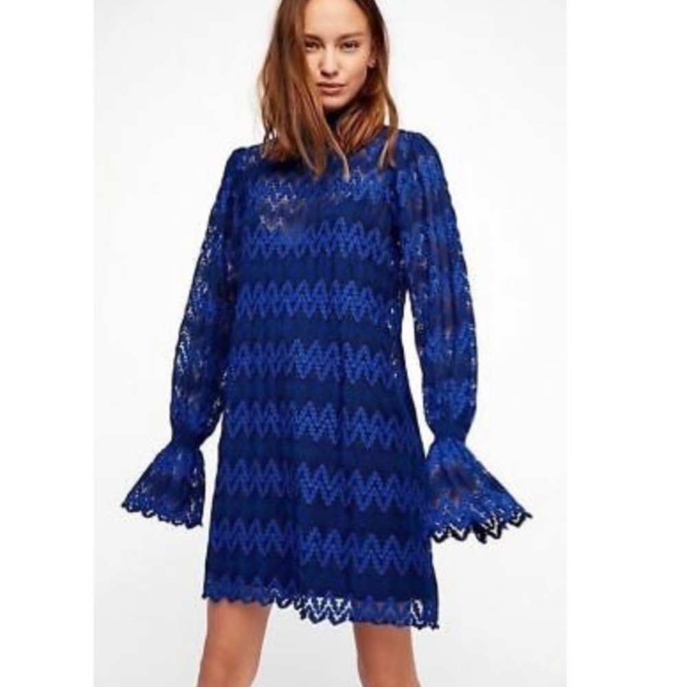 Free People Simone blue and black lace bell sleeve dress no lining